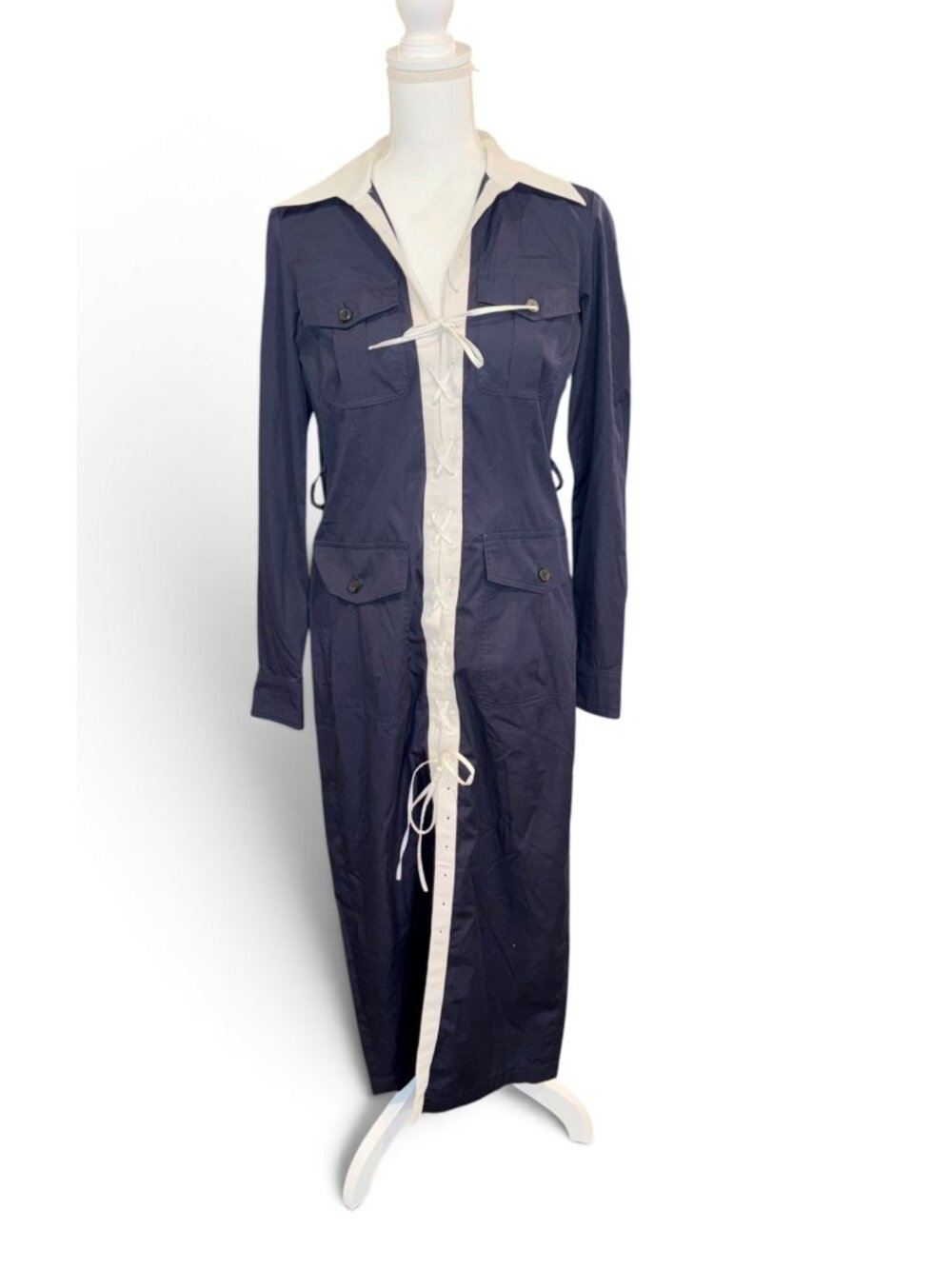 Dries Van Noten Navy & White Cotton Shirt Dress, Size 36/Small
